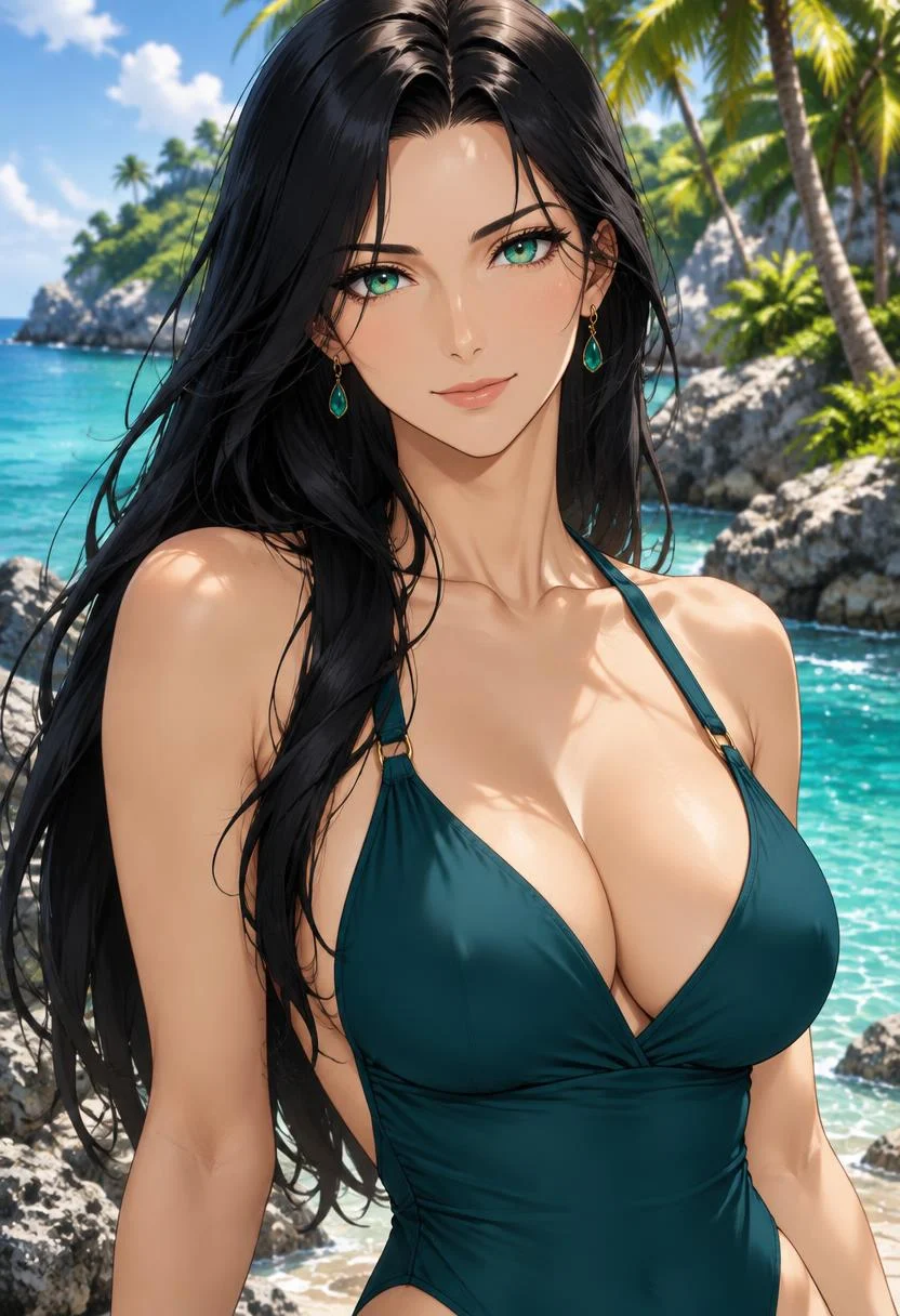 Hana, fictional adult anime companion at a tropical beach