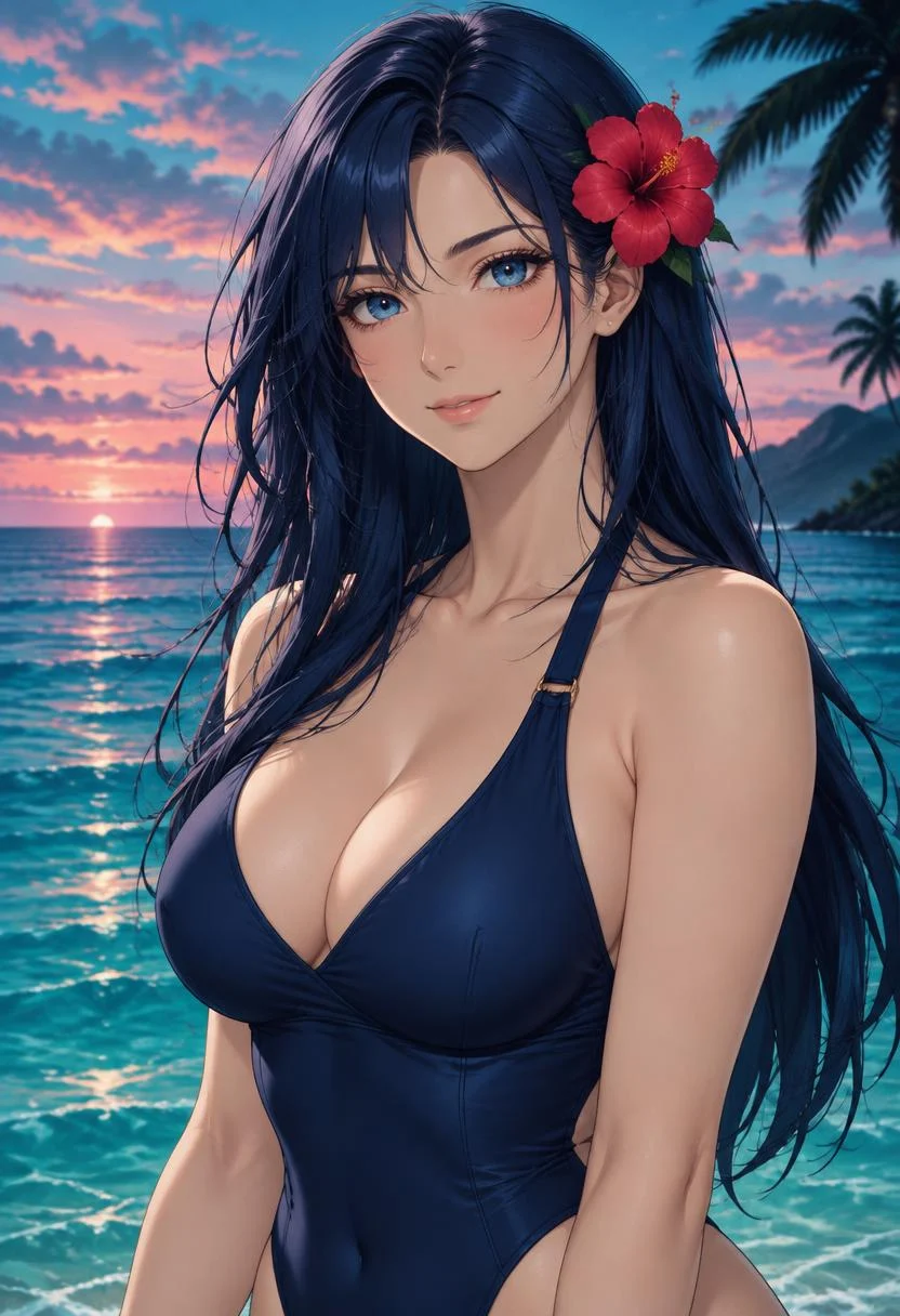 Mio, fictional adult anime companion at a tropical beach